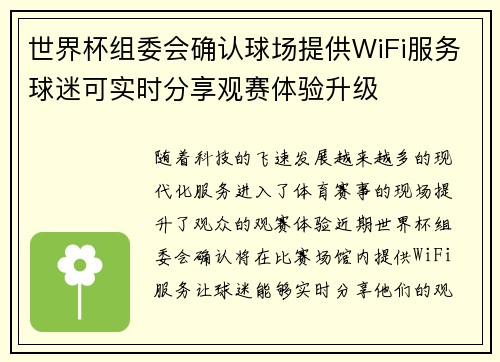 世界杯组委会确认球场提供WiFi服务球迷可实时分享观赛体验升级